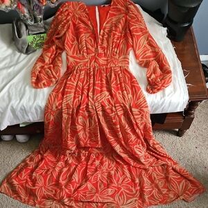 Elegant Orange Leaf Print Long Sleeve Dress